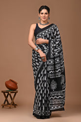 Mul Mul Soft Cotton Black Leaf print Saree