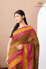 Handloom Pure Cotton Brown Golden Pink