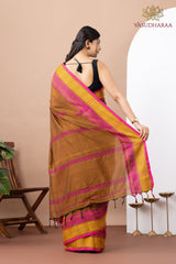 Handloom Pure Cotton Brown Golden Pink