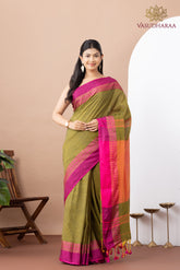 Handloom Pure Cotton Green Pink