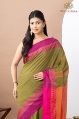 Handloom Pure Cotton Green Pink
