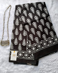 Mul Mul Soft Cotton Black Leaf print Saree