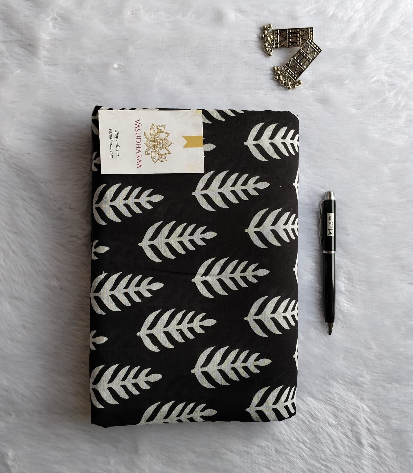 Mul Mul Soft Cotton Black Leaf print Saree
