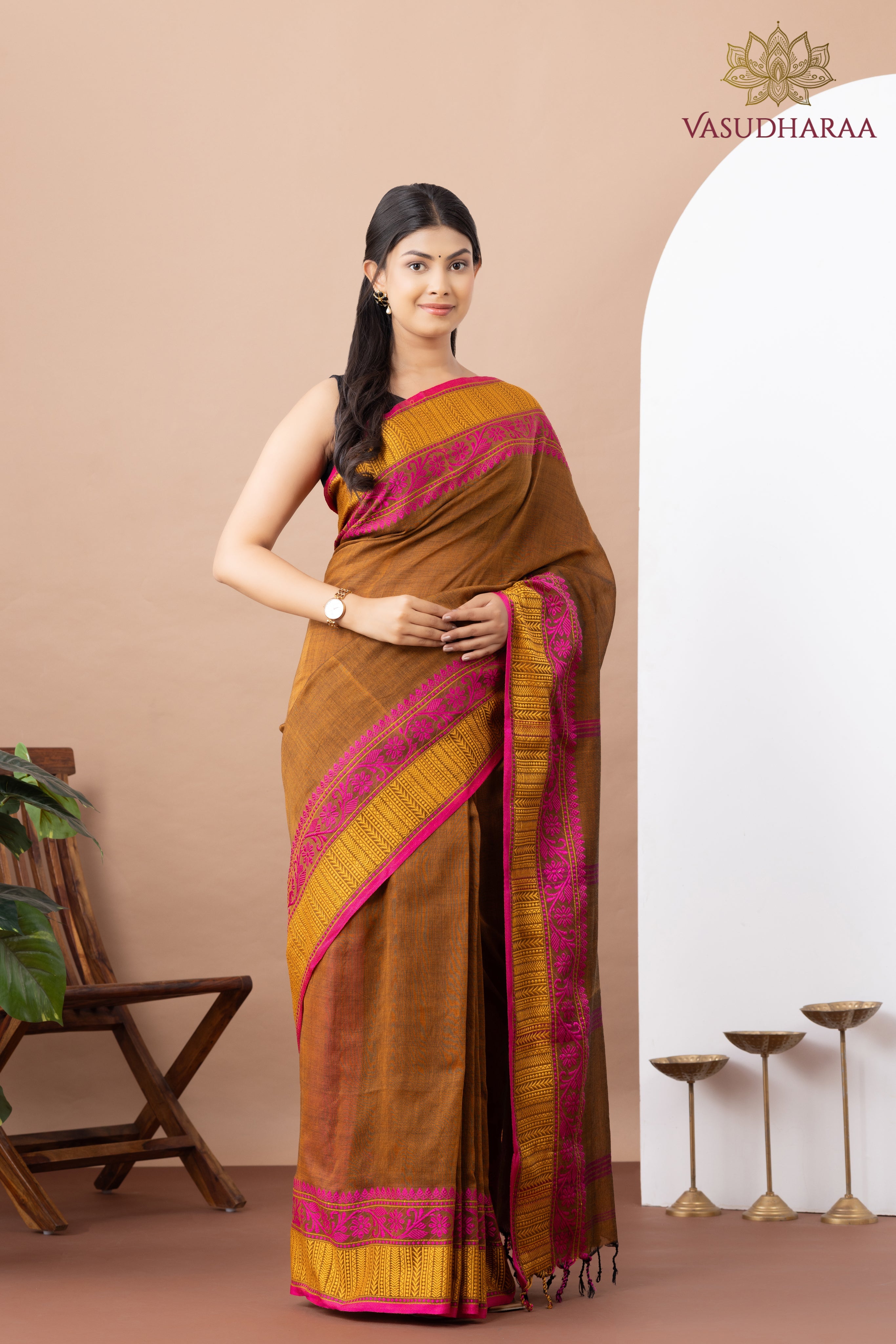Handloom Pure Cotton Brown Golden Pink