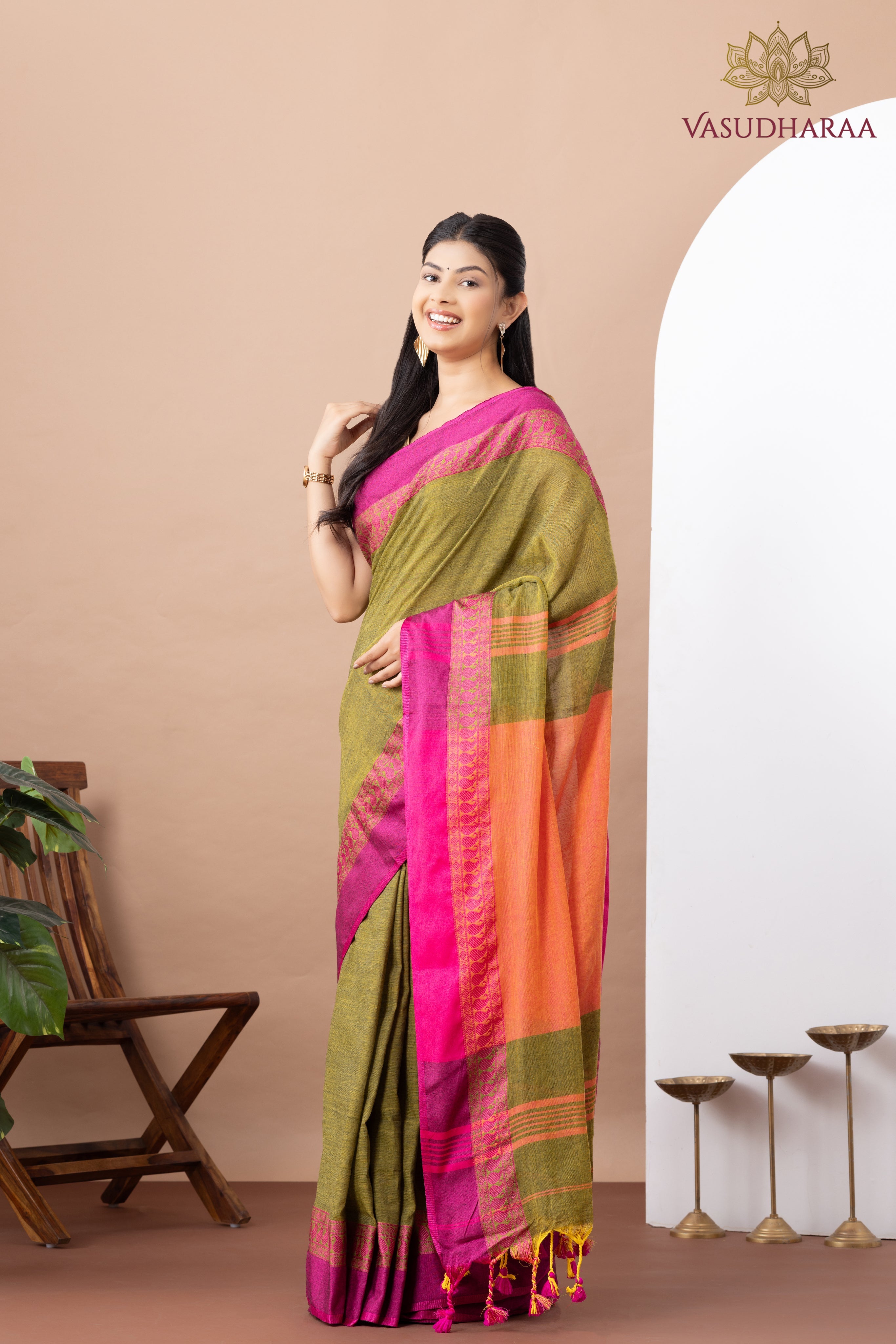 Handloom Pure Cotton Green Pink