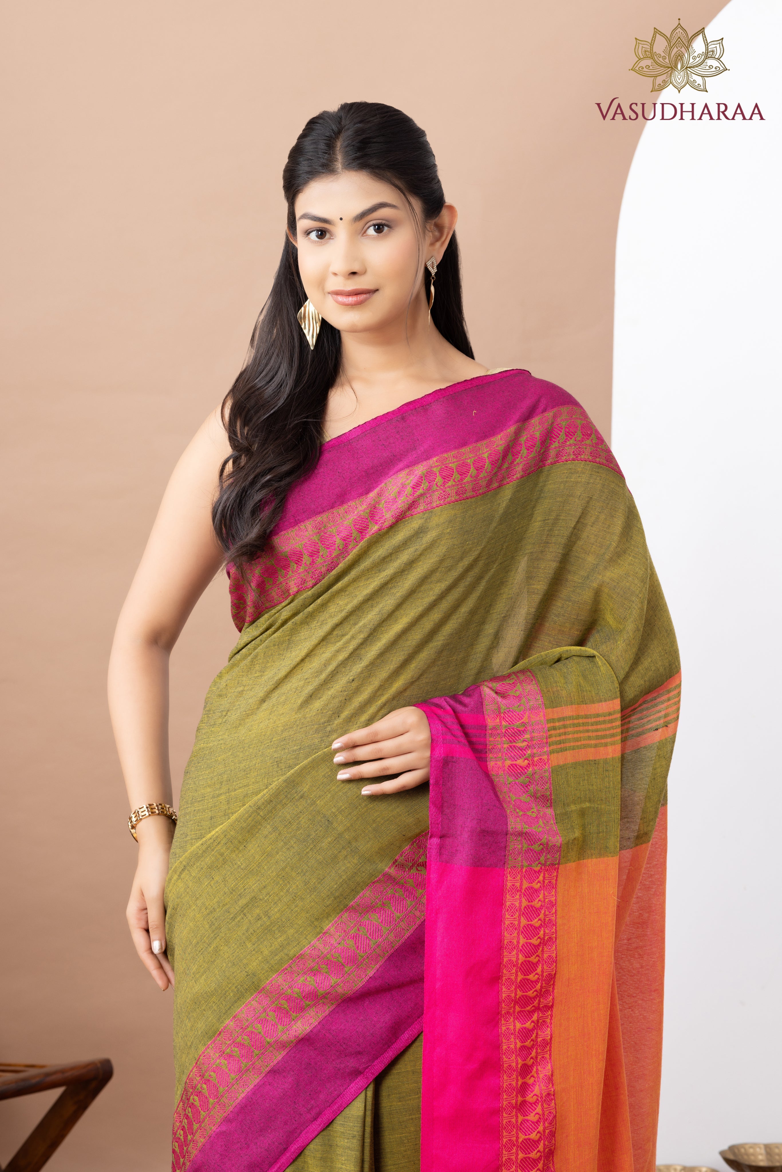 Handloom Pure Cotton Green Pink