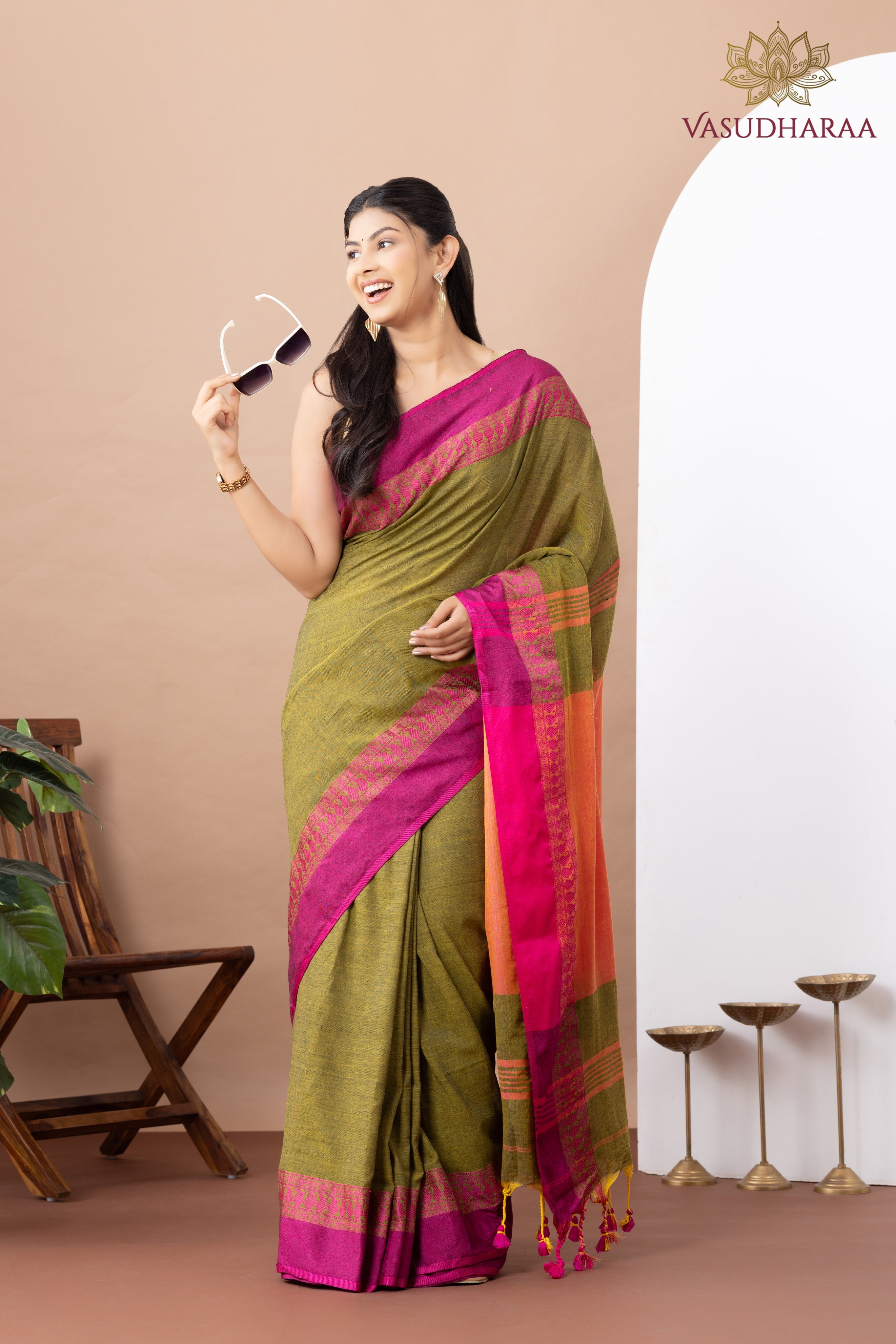 Handloom Pure Cotton Green Pink