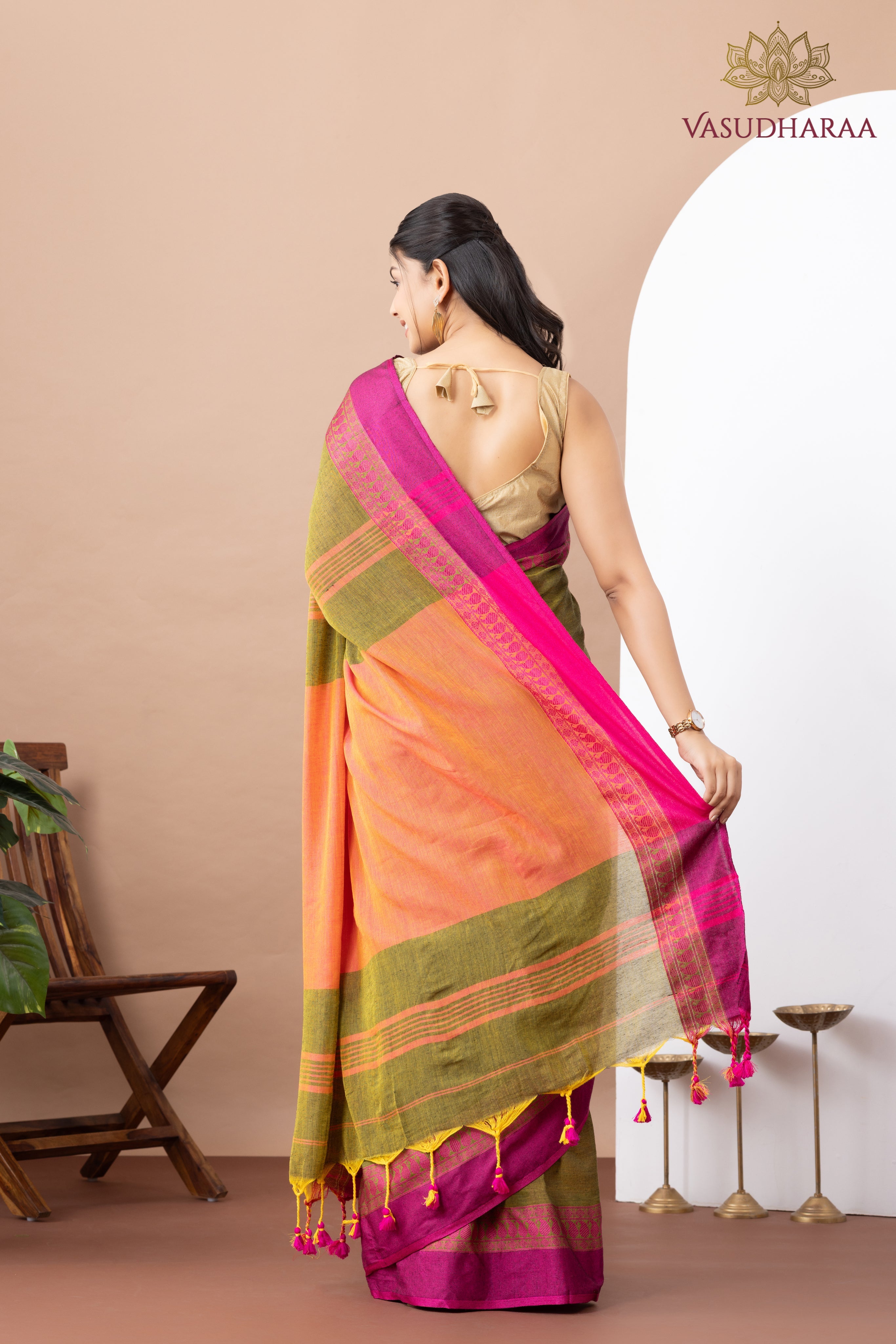 Handloom Pure Cotton Green Pink