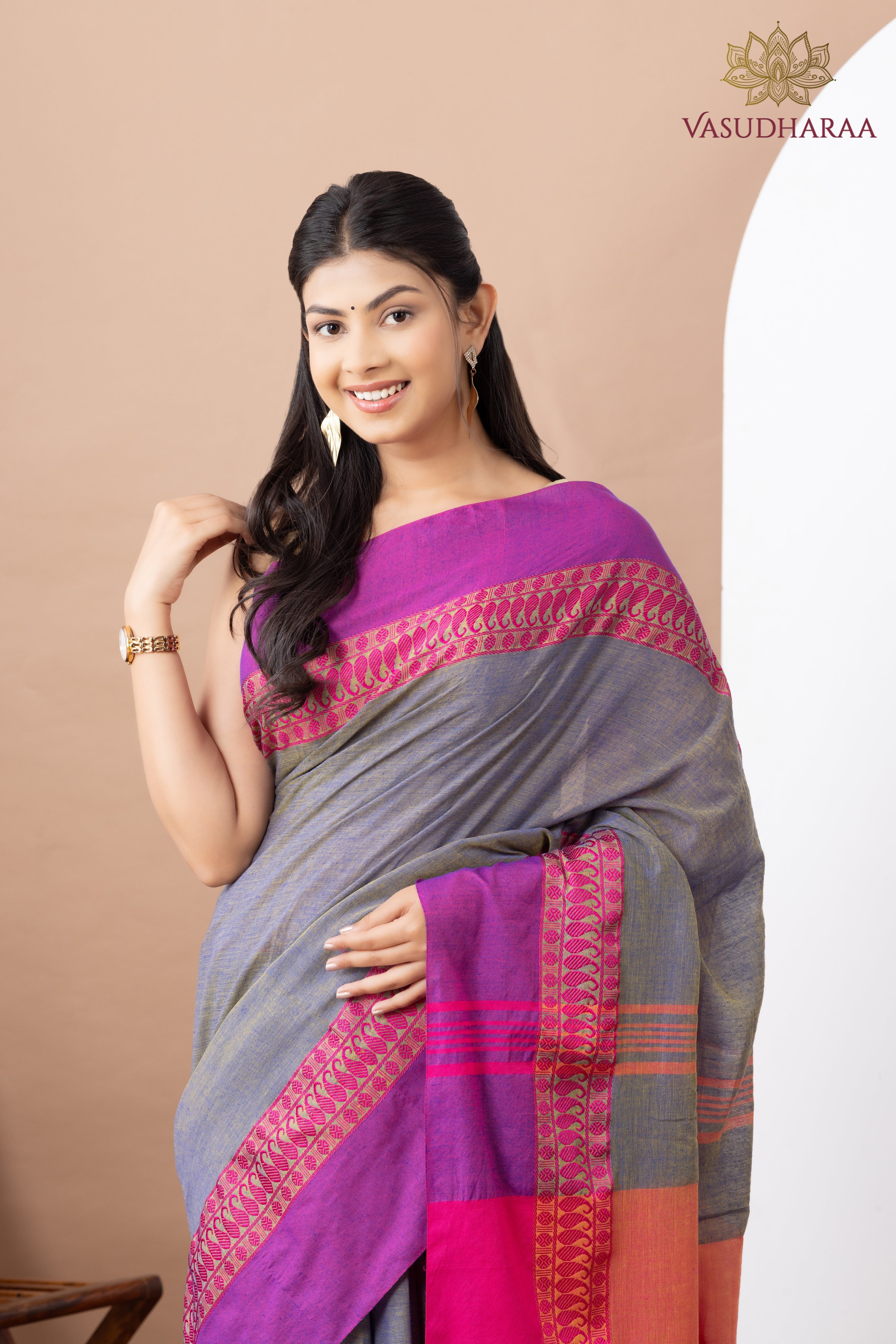 Handloom Pure Cotton Grey Pink