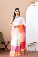 Handloom Pure Cotton White Grey Pink
