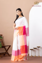 Handloom Pure Cotton White Grey Pink