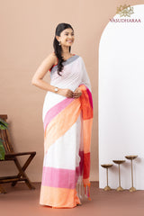 Handloom Pure Cotton White Grey Pink