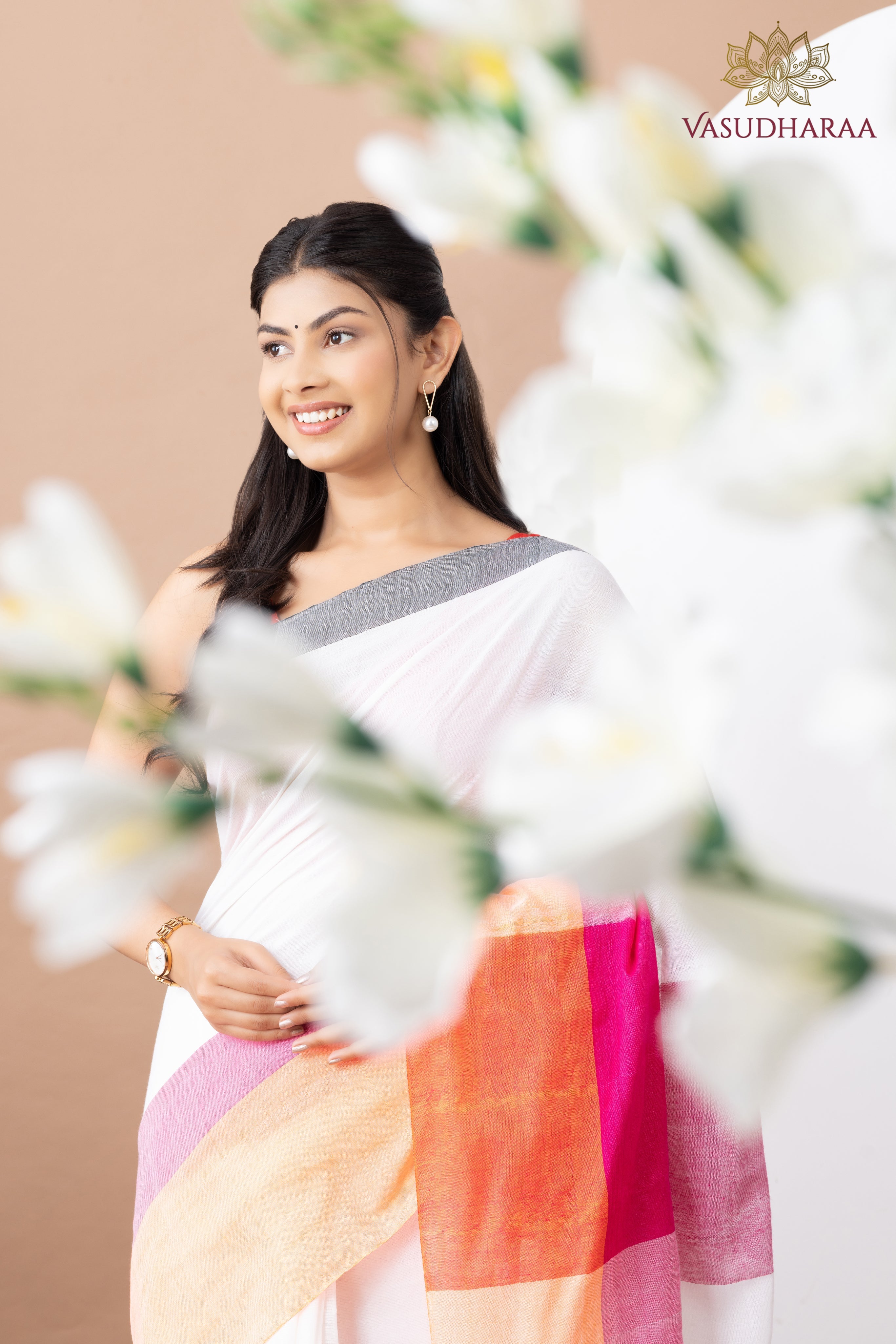 Handloom Pure Cotton White Grey Pink