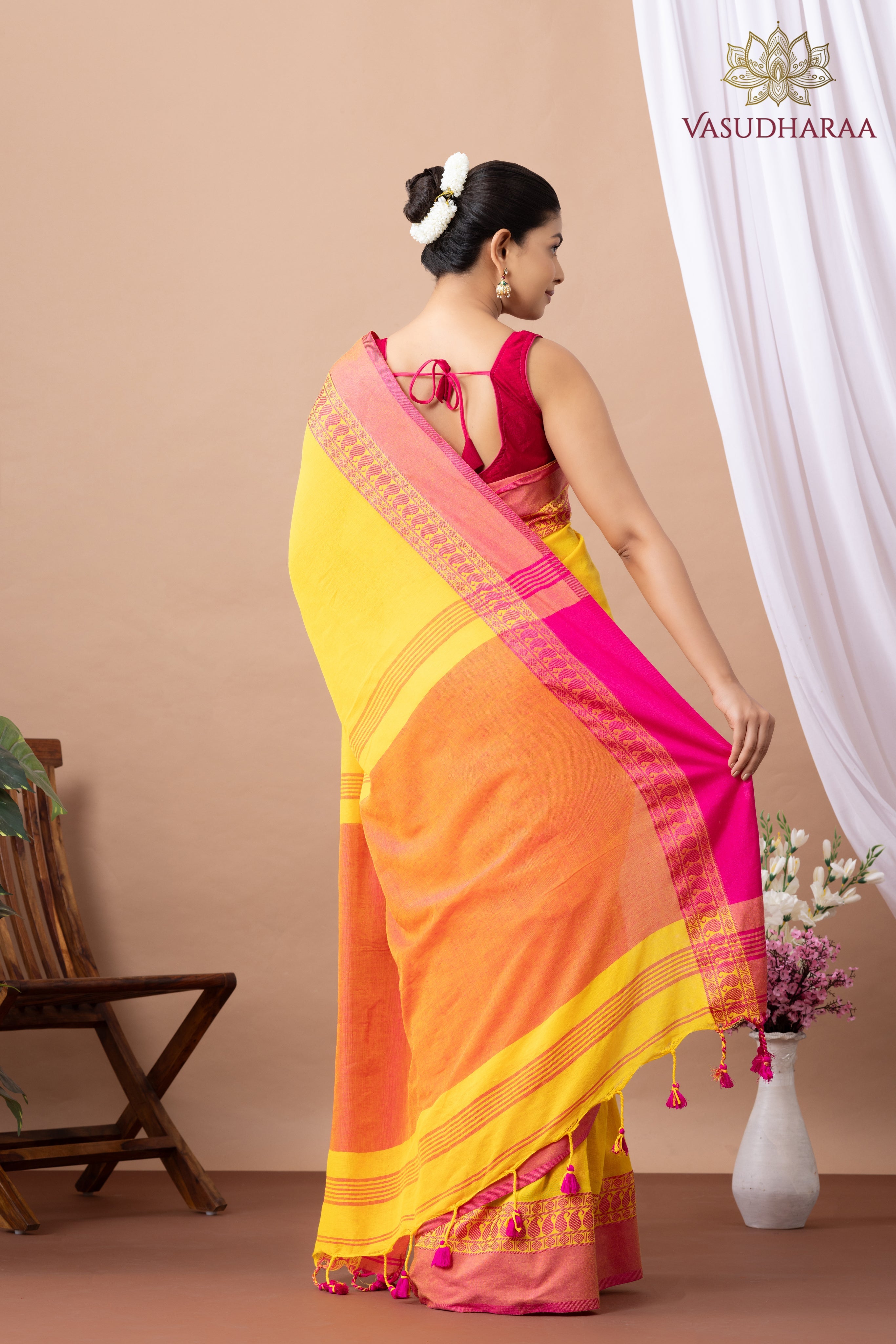 Handloom Pure Cotton Yellow Red