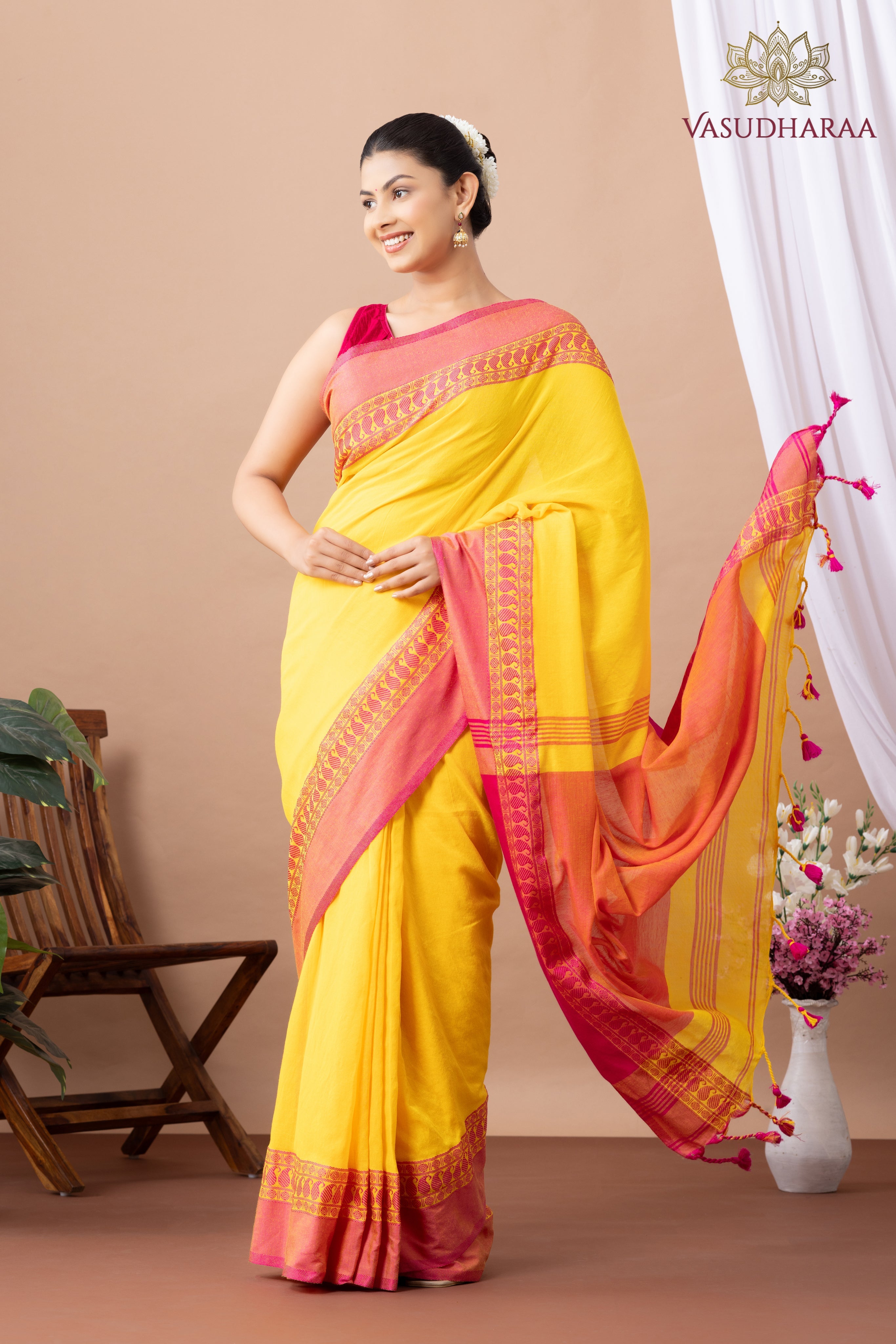 Handloom Pure Cotton Yellow Red