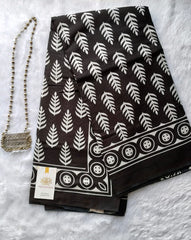 Mul Mul Soft Cotton Black Leaf print Saree