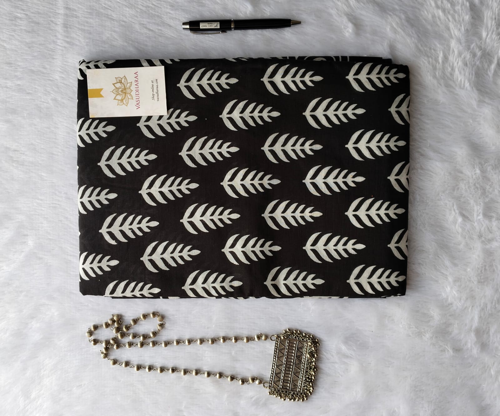 Mul Mul Soft Cotton Black Leaf print Saree