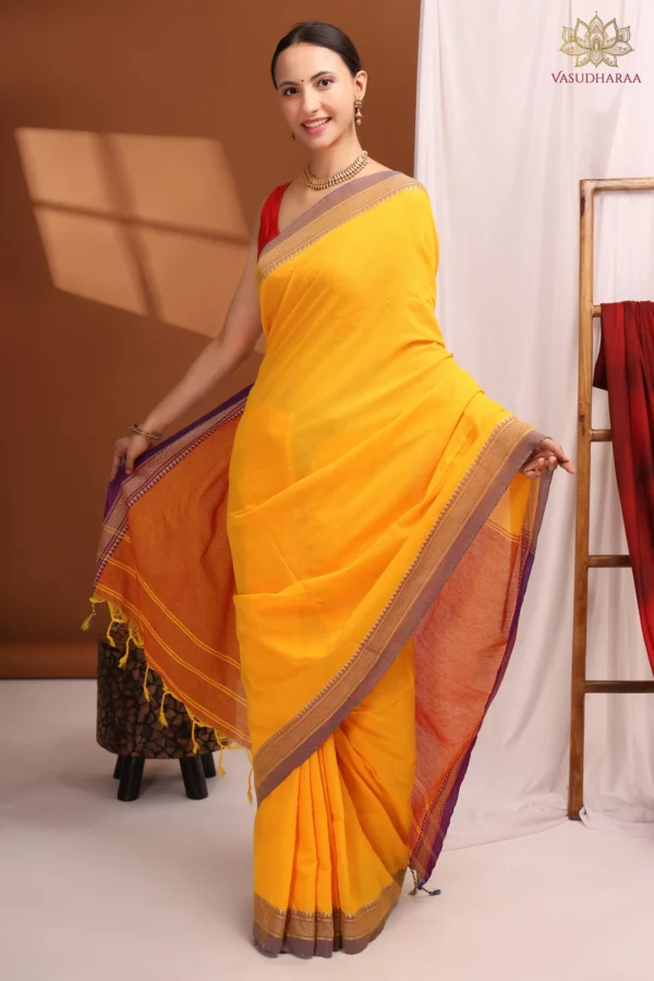 Handloom Khadi Cotton, 1 Inch weaving design border with blouse piece - Yellow