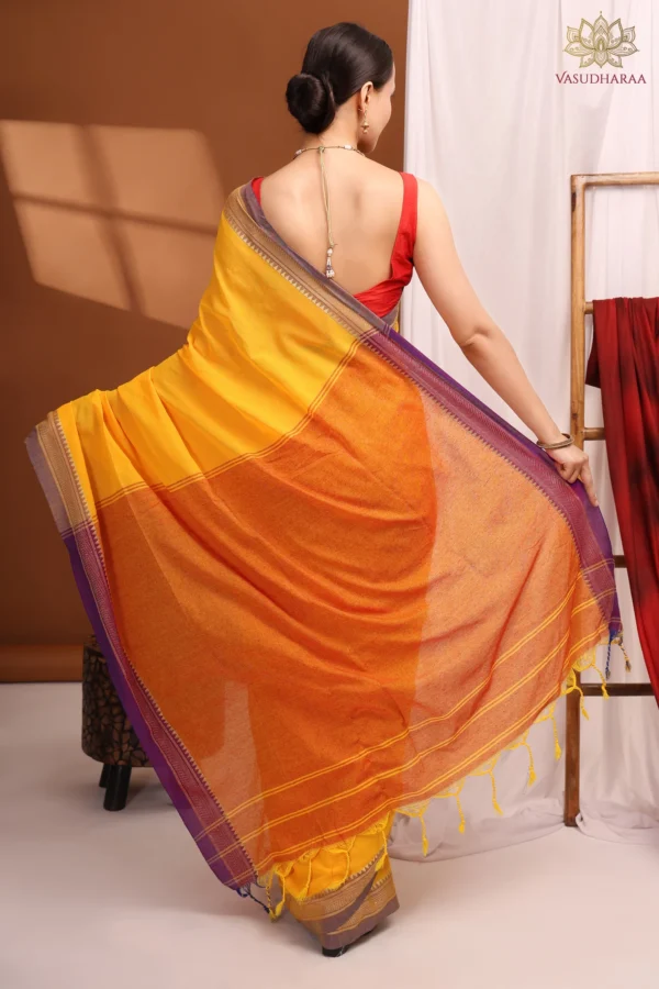 Handloom Khadi Cotton, 1 Inch weaving design border with blouse piece - Yellow - Image 3